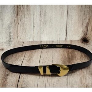 La Via Firenze Black Leather Belt Gold Buckle Made In Italy Size L
